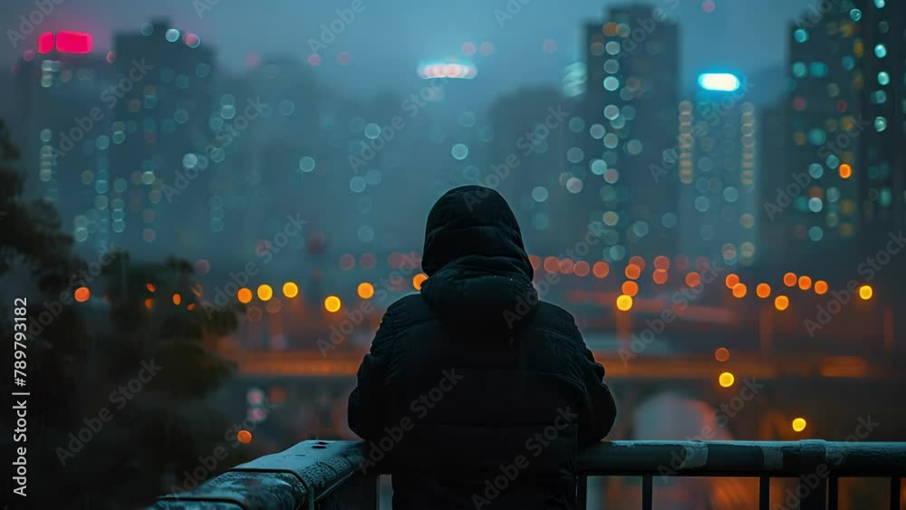 A solitary figure leans on the railing of the bridge deep in thought as they gaze out into the ling city lights. . . A solitary figure leans on the railing of the bridge deep in thought as they gaze out into the ling city lights. . .