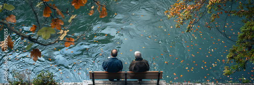 overhead view of Elders sharing stories and laughter on a bench by the river, hyperrealistic travel photography, copy space for writing