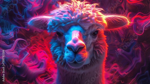 Neonlit alpaca, glowing with phantasmal iridescent tones, amidst a backdrop of psychic wave patterns photo