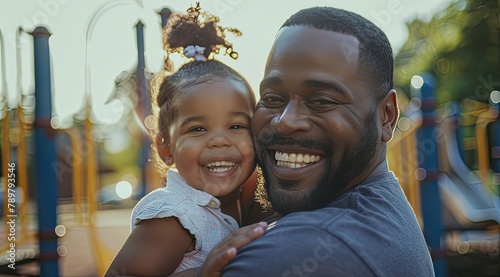 Father-Daughter Love: Joyful Hug on a Sunny Playground, Captured with a Sony Alpha A7 III in Hyper Realistic Style photo
