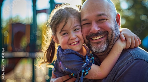 Father-Daughter Love: Joyful Hug on a Sunny Playground, Captured with a Sony Alpha A7 III in Hyper Realistic Style