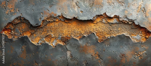 Detail of an aged metal surface showing rust and several small cracks in the material