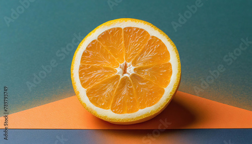 a horizontal format, Orange slice with trendy colored background for product photography and design, Design-themed,