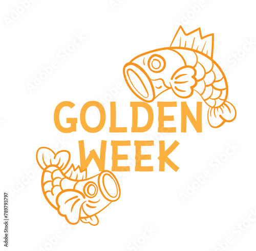 Golden week Japan Banner illustration. Koinobori  Carp streamers  on yellow rhombic pattern. In Japanese it is written Golden week holiday