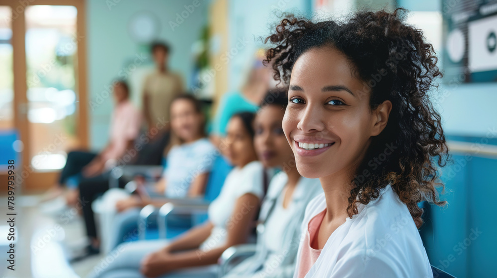 Obraz premium Happy woman in waiting room at medical clinic looking at camera. 