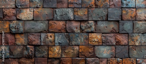 Detailed close-up shot of a brick wall showing signs of age with rusted paint peeling off  creating a textured surface