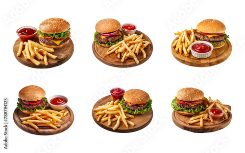 Collection of tasty burger, french fries with ketchup on a transparent background, PNG