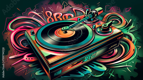 Vintage colorful turntable record player illustration. Generative AI photo