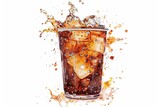 Icefilled cola glass splashes on clean white backdrop