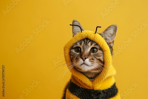 Felidae cat wearing bee costume on yellow background photo