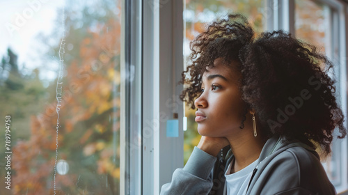 Pensive university student looking through window. photo