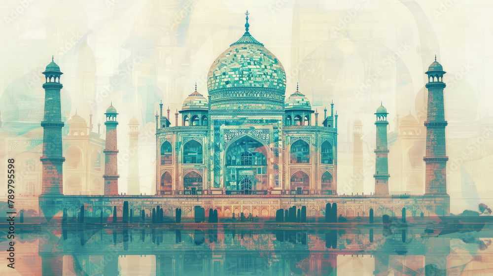 Fototapeta premium Taj Mahal in Agra, Uttar Pradesh, India. double exposure contemporary style 