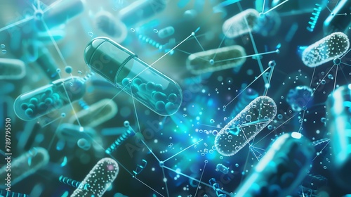 Microbiology and pharmaceutical innovation, closeup on microorganisms and drug interactions, copy space