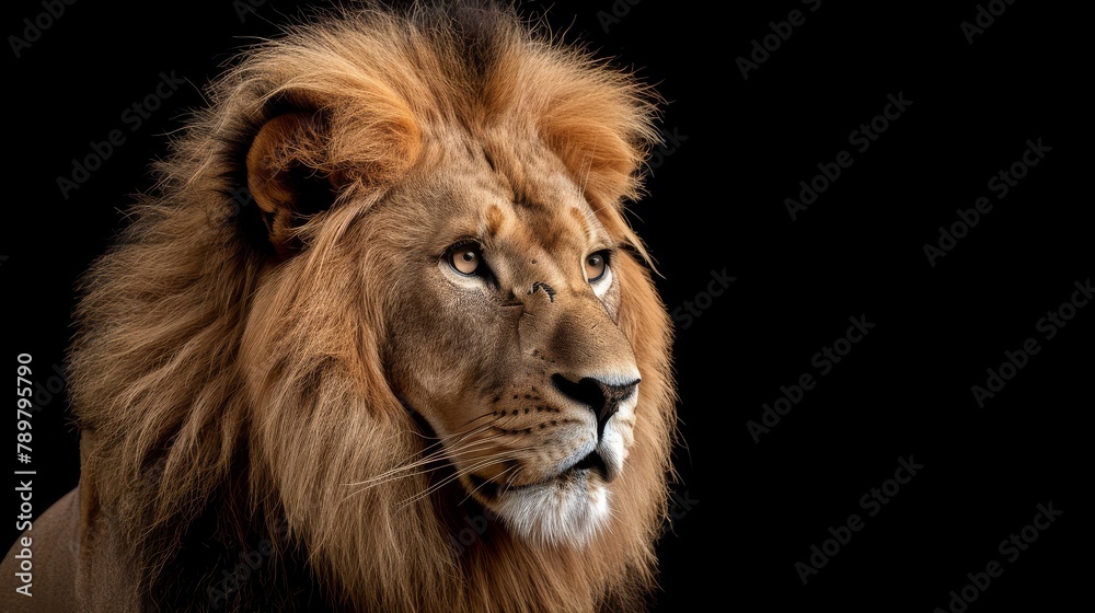 A lion's face in closeup on a black background