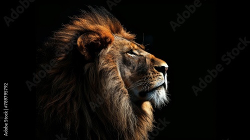 A lion's face in profile against a black background.