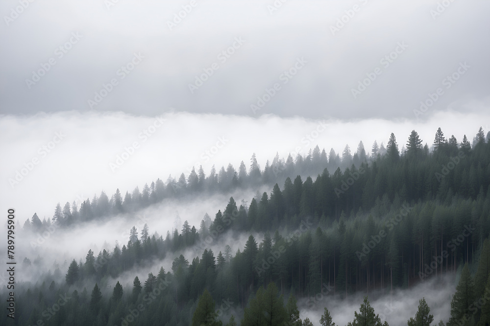 Foggy pine tree forest in the morning, mist in the mountains, nature landscape wallpaper background image