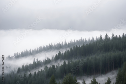 Foggy pine tree forest in the morning, mist in the mountains, nature landscape wallpaper background image © sonderstock