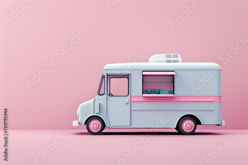 Vintage style food truck on pink background. 