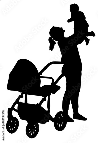 Silhouette illustration of a mother pushing a stroller for Mother's Day and baby's day celebrations of vector