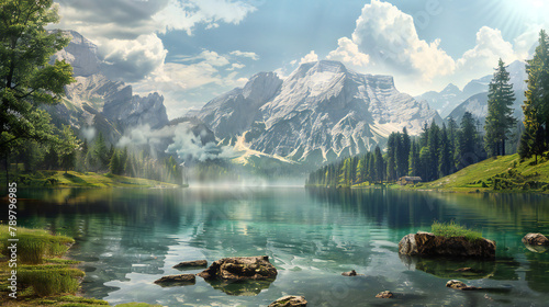 landscape is hyper-realistic, photorealistic, and cinematic. water, mountains, sky clouds