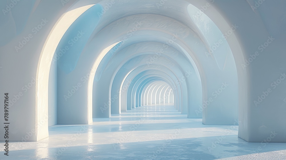 A dreamlike corridor with an infinite series of soft blue arches, creating a serene, otherworldly atmosphere with a deep perspective. Generative AI A dreamlike corridor with an infinite series of soft blue arches, creating a serene, otherworldly atmosphere with a deep perspective. Generative AI