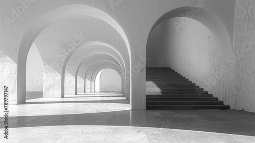 The interplay of light and shadow accentuates the minimalist beauty of repeating white arches and a solitary staircase in a serene architectural setting. Generative AI