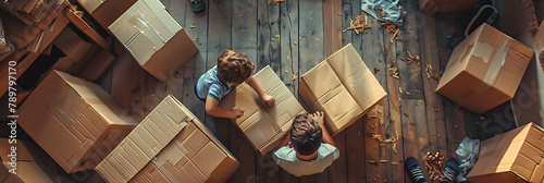 overhead view of Boys constructing makeshift forts out of cardboard boxes, hyperrealistic travel photography, copy space for writing photo