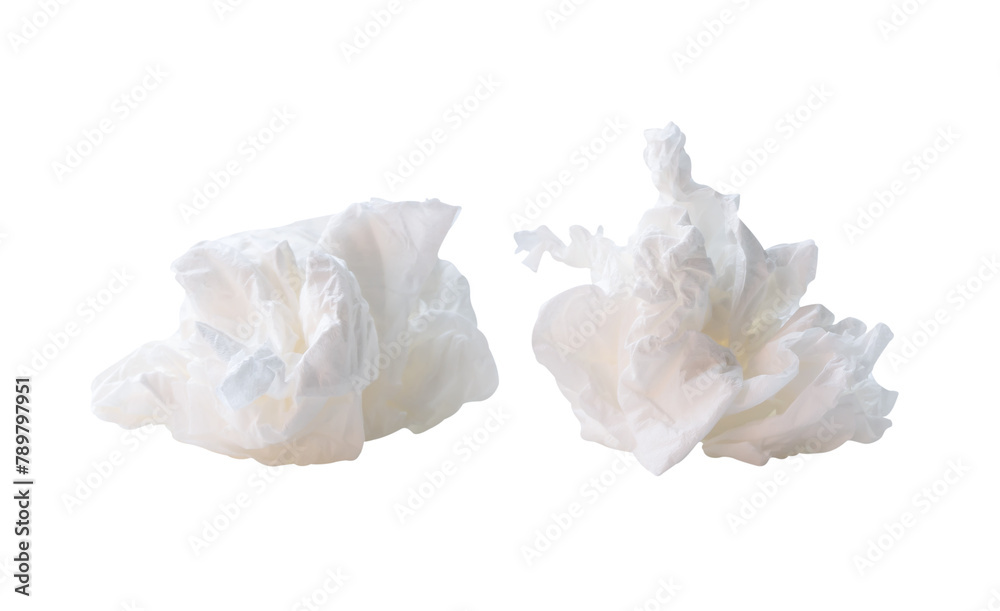 Front view set of screwed or crumpled tissue paper balls after use in toilet or restroom isolated with clipping path in png file format