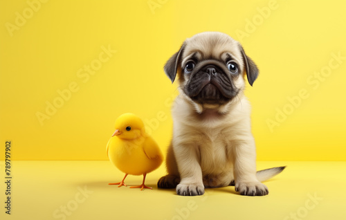 Pug dogs, puppies and yellow chicks, cute animals on yellow background.