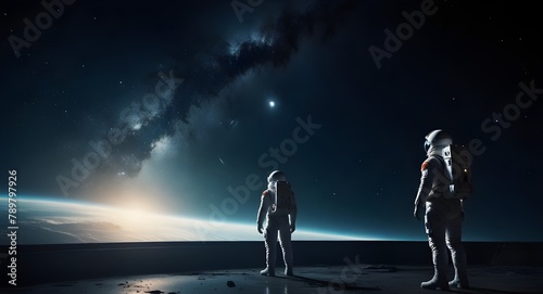 The astronaut is looking at the huge illuminator of an unknown spaceship interior at an empty galaxy photo