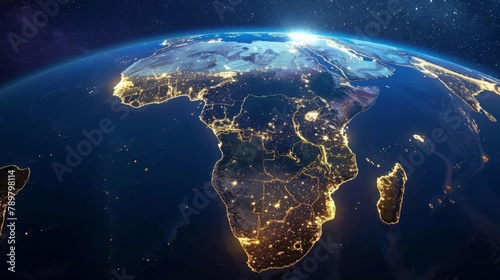 A photo of the Earth from space at night, showing the African continent. photo