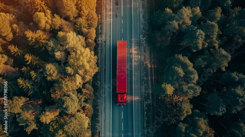 A red semi truck drives through a fall forest on a rural road. photo