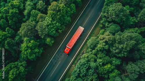 A red semi truck drives through a lush green forest on a winding road.