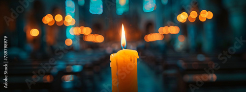 Candles burning in a church in the dark for memorial. Christmas candle at night. Christian religion, tradition and prayer concept. Background for banner, poster, greeting card with copy space