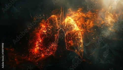 Artistic rendering of a lung with tuberculosis, focusing on damaged tissue and bacterial infection photo