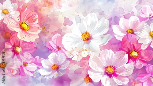 Watercolor cosmos clipart with delicate pink and white flowers © maku