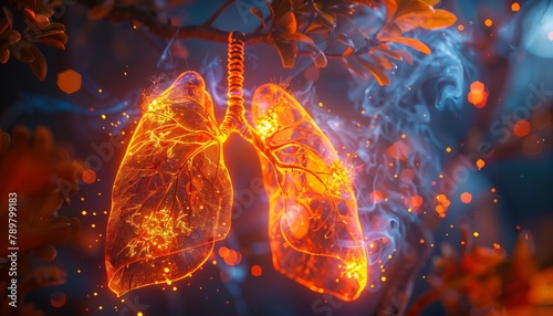 Detailed illustration of lungs affected by pneumonia, showing inflamed air sacs with a dramatic light effect photo