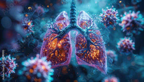 Lung cancer tumors illustrated within the lung's anatomy, detailed and highlighted by vivid lighting photo