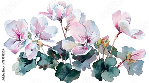 Watercolor cyclamen clipart with delicate pink and white blooms photo