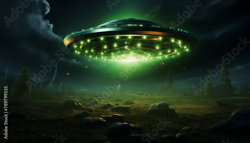The UFO hovers over the clearing, its green lights casting an eerie glow on the surrounding rocks and trees. © NEW