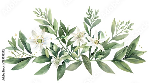 Watercolor edelweiss clipart with small white flowers and green leaves