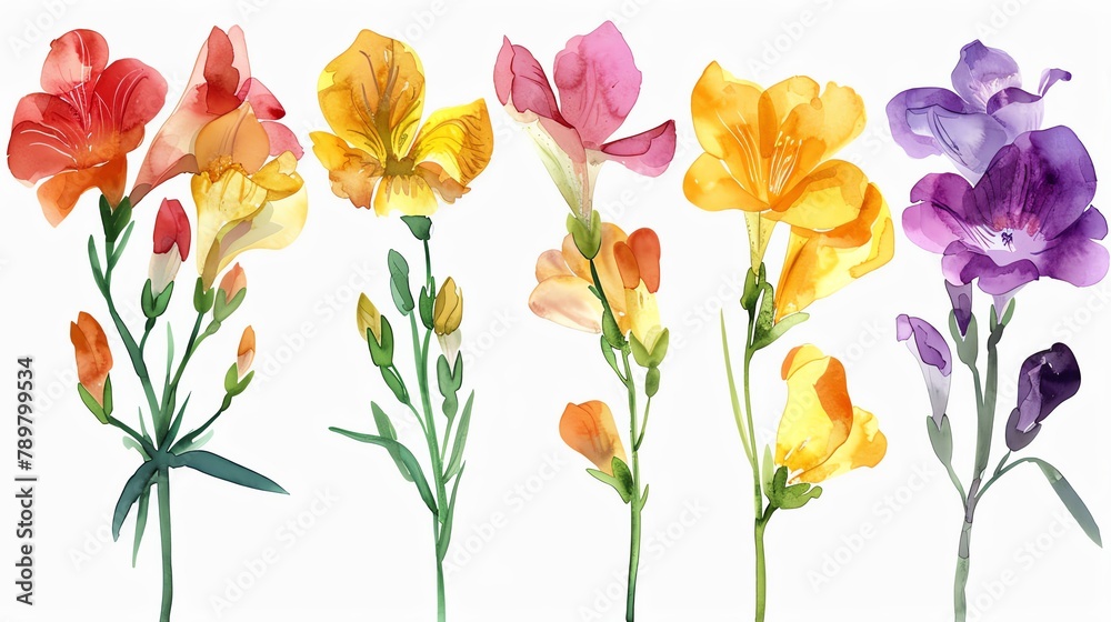 Watercolor freesia clipart with fragrant blooms in various colors