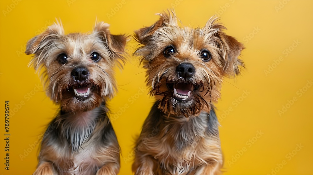Joyful Terrier Duo on Vibrant Yellow. Concept Pets, Terriers, Joyful Portraits, Vibrant Yellow, Outdoor Photoshoot