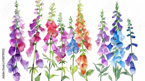 Watercolor foxglove clipart with tall spires of colorful flowers photo