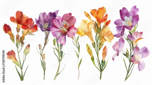 Watercolor freesia clipart with fragrant blooms in various colors photo