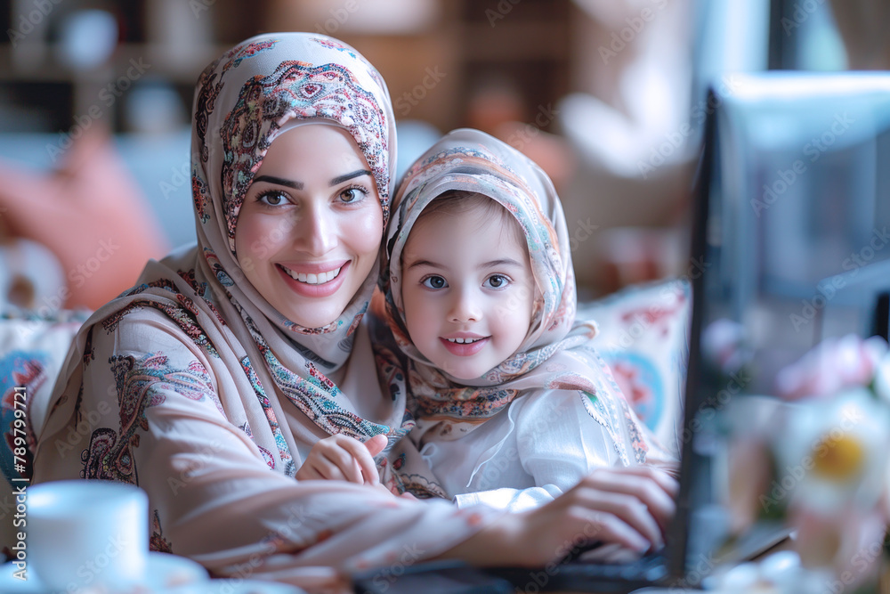 Happy Arabian mother and daughter having fun together, love and family Happy Arabian mother and daughter having fun together, love and family