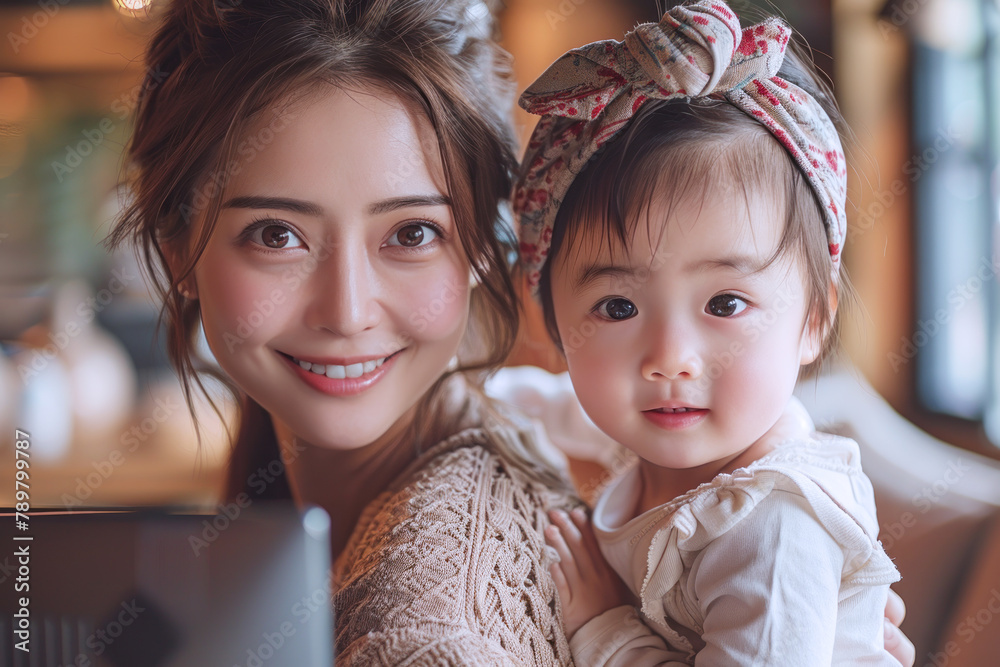 Happy Asian mother and daughter having fun together, love and family