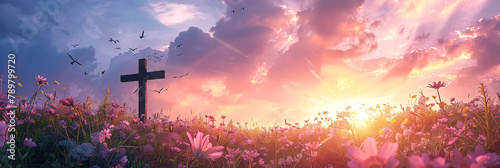 Christian cross on beautiful spring field with flowers at sunrise. Resurrection of Jesus, crucifixion. Easter morning, Good Friday. Peace and hope. Religion and christianity concept photo