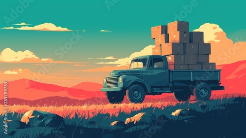 2d illustration of a classic pickup truck silhouette hauling a hefty load of boxes