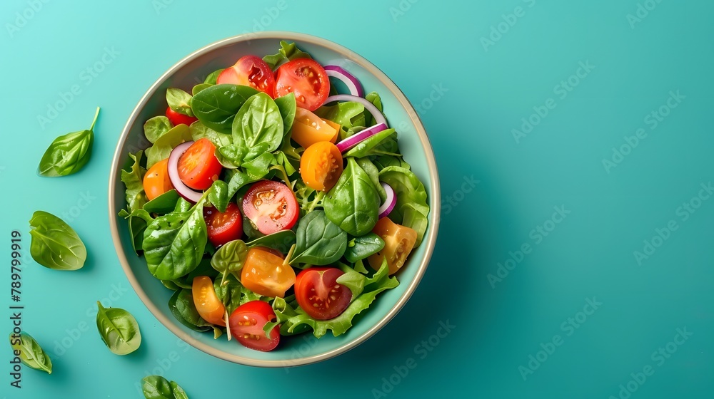Bowl with fresh salad on color background. Bowl with fresh salad on color background.